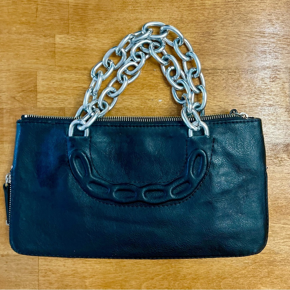 Calvin Klein Black Leather Clutch with Silver Chain